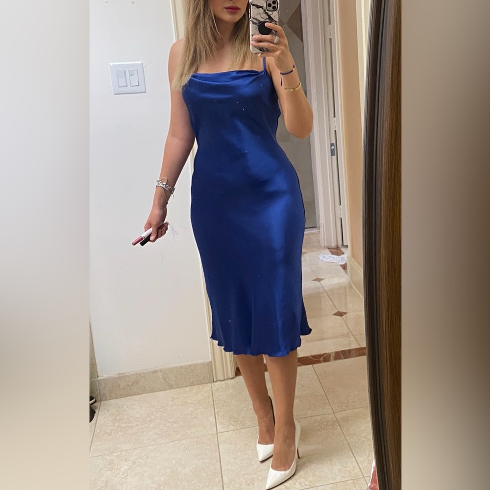 bebe Royal Blue Satin Cowl Midi Slip Dress